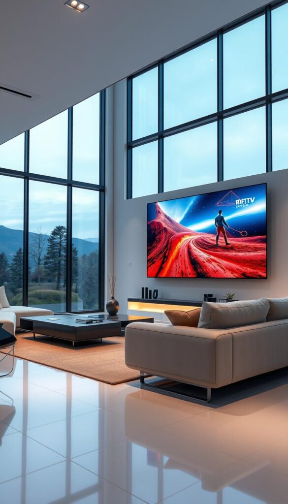 A high-quality modern living room with large panoramic windows, streaming a crisp, vibrant 4K IPTVANBIETERTV broadcast on a massive wall-mounted OLED TV. Soft ambient lighting illuminates the sleek, minimalist space, showcasing the exceptional video and audio quality. The room exudes a sense of luxury and technological sophistication, reflecting the premium nature of the IPTV service. The scene captures the ideal viewing experience for the discerning viewer, with attention to detail in the camera angle, depth of field, and realistic textures throughout.