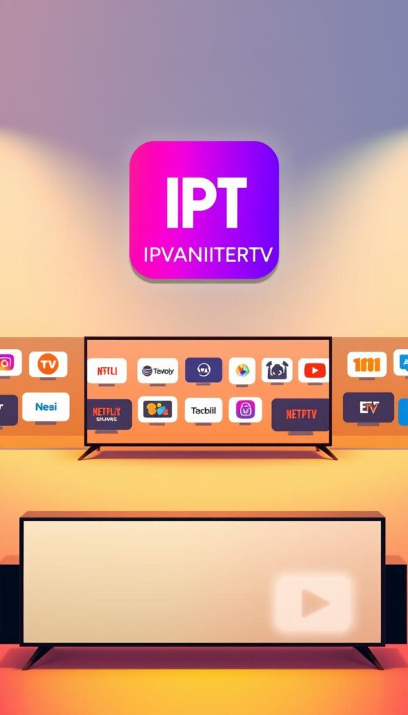 A high-quality, modern, minimalist illustration of the IPTVANBIETERTV brand's channel offering. A clean, vibrant, and visually appealing design with a bold color palette featuring the brand's logo prominently displayed. The foreground should showcase an array of TV channels, displayed as simplified icons or logos, against a smooth, gradient background. The middle ground could include simple geometric shapes or abstract patterns to add depth and visual interest. The background should have a soft, blurred effect to draw the viewer's focus to the main subject. Lighting should be warm and diffused, creating a sleek, premium aesthetic. The overall composition should be well-balanced, drawing the eye to the core message of the IPTVANBIETERTV channel offering.