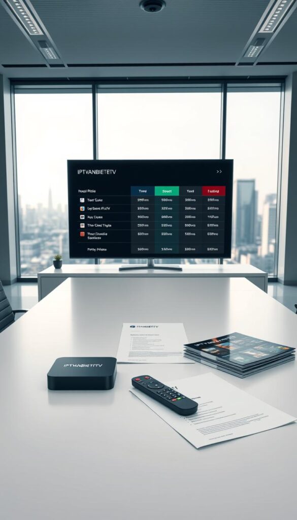 A high-quality, modern office interior showcasing the IPTVANBIETERTV pricing models and subscription plans. Crisp, clean lighting illuminates a minimalist desk setup with a large, high-resolution display presenting the service's different pricing tiers and feature sets. The foreground features sleek, premium-looking devices such as a high-end Android TV box and a wireless remote control. The middle ground depicts neatly organized documents and product brochures outlining the IPTVANBIETERTV subscription options. The background has a blurred cityscape view through floor-to-ceiling windows, conveying a sense of professionalism and industry expertise. The overall mood is one of sophistication, clarity, and attention to detail.