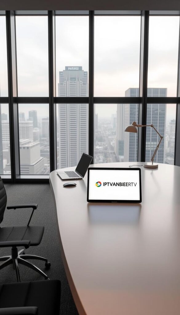 A high-quality, modern office setting with a sleek, minimalist design. A large, curved desk in the foreground, with a laptop, mouse, and a stylish desk lamp. On the desk, a tablet displaying the IPTVANBIETERTV logo against a plain white background. Behind the desk, floor-to-ceiling windows overlooking a cityscape, with a soft, diffused natural light filtering in. The overall mood is professional, efficient, and visually appealing, reflecting the transparency and clarity of the IPTVANBIETERTV pricing structure.