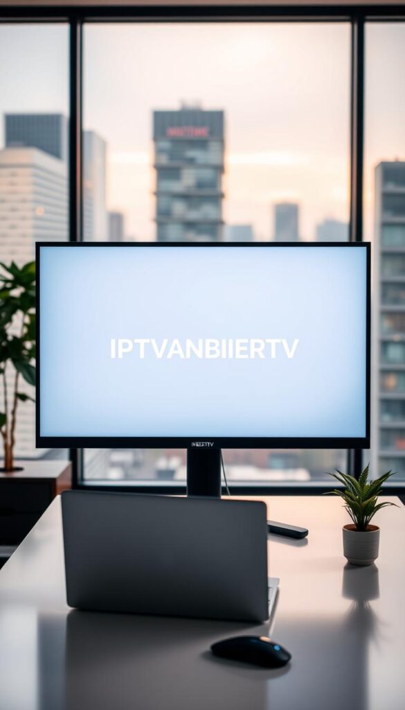A high-quality modern office workspace with a large monitor displaying the IPTVANBIETERTV brand logo prominently in the center. The monitor is situated on a clean, minimalist desk with a laptop, wireless mouse, and a potted plant. Warm, directional lighting illuminates the scene, creating a professional and productive atmosphere. The background features a blurred, out-of-focus view of a cityscape through a large window, suggesting a urban, connected environment. The overall composition conveys a sense of reliable, stable, and uninterrupted IPTV streaming services.
