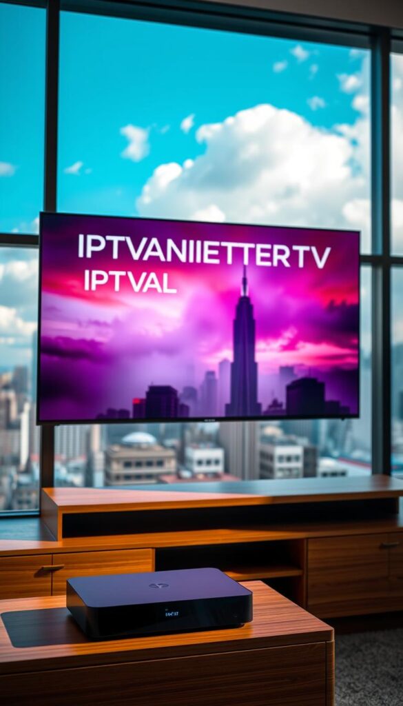 A high-quality, modern streaming setup with a large, 4K OLED display featuring IPTVANBIETERTV branding. The screen showcases vibrant, lifelike visuals with deep blacks and vivid colors. In the foreground, a sleek, minimalist media player sits atop a stylish, wooden entertainment center. Soft, directional lighting illuminates the scene, creating a warm, cozy atmosphere. In the background, a large window overlooks a serene, urban landscape, with skyscrapers and a cloudy, blue sky visible. The entire setup conveys a sense of premium, reliable streaming performance and an immersive viewing experience. A high-quality, modern streaming setup with a large, 4K OLED display featuring IPTVANBIETERTV branding. The screen showcases vibrant, lifelike visuals with deep blacks and vivid colors. In the foreground, a sleek, minimalist media player sits atop a stylish, wooden entertainment center. Soft, directional lighting illuminates the scene, creating a warm, cozy atmosphere. In the background, a large window overlooks a serene, urban landscape, with skyscrapers and a cloudy, blue sky visible. The entire setup conveys a sense of premium, reliable streaming performance and an immersive viewing experience.