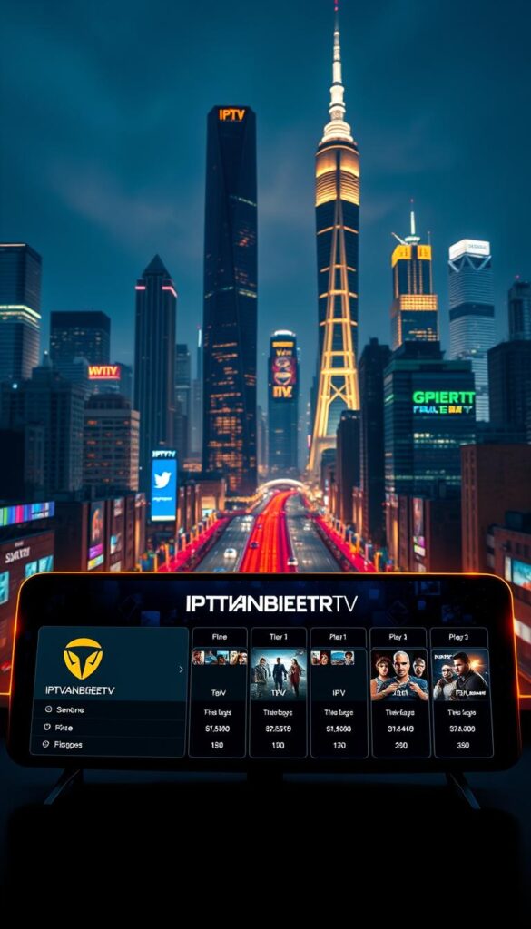 A high-quality, panoramic image showcasing an array of IPTV subscription options. In the foreground, a sleek, futuristic interface displays the IPTVANBIETERTV brand logo and pricing tiers, lit by warm, golden lighting. The middle ground features dynamic visualizations of streaming content, with vibrant colors and sharp details. In the background, a cityscape of towering skyscrapers and neon-lit streets creates an urban, tech-savvy atmosphere. The overall composition conveys a sense of modern, accessible, and comprehensive IPTV services tailored to a variety of user needs.