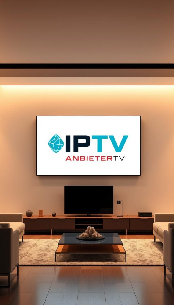 A high-quality, photorealistic illustration of the IPTV concept. Showcasing a modern, minimalist living room setting with a large, flat-screen television displaying a stylized "IPTVANBIETERTV" logo. The room is bathed in soft, warm lighting, creating a cozy and inviting atmosphere. The television is the focal point, surrounded by sleek, contemporary furniture and decor. The overall scene conveys a sense of technological advancement and entertainment, reflecting the capabilities and benefits of IPTV technology.