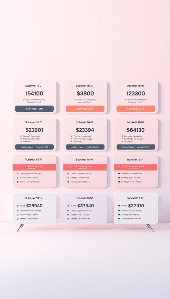 A high-quality, photorealistic image of IPTVANBIETERTV's subscription plans, showcasing their various pricing tiers and feature sets. The image should have a clean, minimalist design with a light, airy atmosphere. Depict the plans in a grid layout, with each plan represented by a card-like element displaying the key details such as monthly cost, channel count, and supported devices. Use a soft, muted color palette and subtle gradients to create a sense of depth and dimensionality. The overall composition should be well-balanced and visually appealing, guiding the viewer's attention to the essential information. Capture the plans in a studio-style setting, with gentle, diffused lighting and a slightly blurred background to focus the attention on the plans themselves.