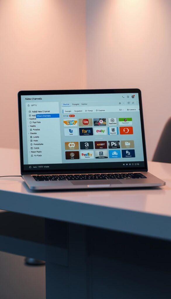 A high-quality, photorealistic image of a laptop or tablet screen displaying the "SS IPTV" user interface, showcasing the process of adding new channels. The screen shows a clean, well-organized interface with clear section headers, intuitive controls, and a visually appealing color scheme. The device is placed on a sleek, modern desk or table, with a minimalist, office-like background. Soft, warm lighting illuminates the scene, creating a professional, technological atmosphere. The image should convey the ease and convenience of using the IPTVANBIETERTV service to access a wide range of new channels.