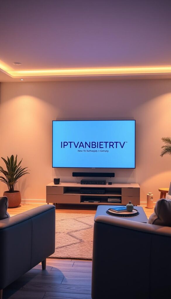 A high-quality, photorealistic image of a modern German living room with a sleek smart TV displaying the IPTVANBIETERTV brand logo. The room is bathed in warm, soft lighting, creating a cozy, inviting atmosphere. The TV is the focal point, surrounded by minimalist furniture and decor that convey a sense of sophisticated, contemporary design. The overall scene suggests the legal and secure enjoyment of IPTV services in Germany, in line with the article's subject and section title. A high-quality, photorealistic image of a modern German living room with a sleek smart TV displaying the IPTVANBIETERTV brand logo. The room is bathed in warm, soft lighting, creating a cozy, inviting atmosphere. The TV is the focal point, surrounded by minimalist furniture and decor that convey a sense of sophisticated, contemporary design. The overall scene suggests the legal and secure enjoyment of IPTV services in Germany, in line with the article's subject and section title.