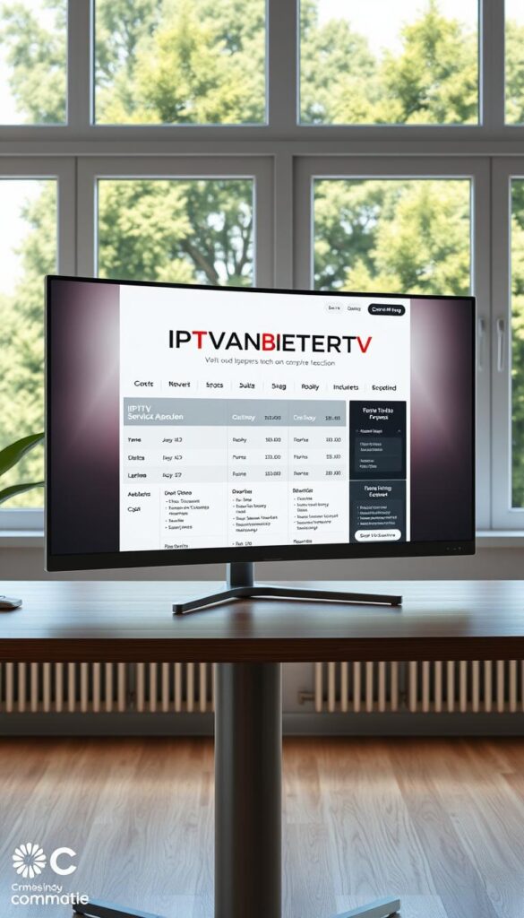 A high-quality, photorealistic image of a modern, sleek IPTV service comparison website displayed on a large, curved computer monitor. The monitor is situated on a minimalist, wooden desk in a bright, airy home office setting with large windows overlooking a lush, green landscape. The website features the brand name "IPTVANBIETERTV" prominently displayed, showcasing a clean, visually appealing user interface with intuitive navigation, comparing various IPTV service providers and their key features. The image conveys a sense of professionalism, technology, and the convenience of on-demand entertainment with a recording function.
