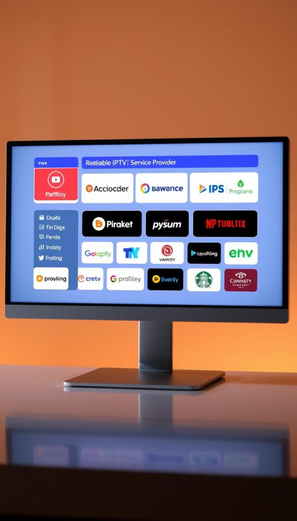 A high-quality, photorealistic image of a reliable IPTV service provider list displayed on a modern, minimalist computer screen. The screen is set against a blurred, warm-toned background, creating a professional and polished atmosphere. The IPTV service provider logos are prominently featured, arranged in a clean, grid-like layout. The screen is illuminated by soft, directional lighting, casting subtle shadows and highlights that enhance the depth and dimensionality of the scene. The overall composition conveys a sense of trust, reliability, and technological sophistication, aligning with the subject matter of the article. IPTVANBIETERTV