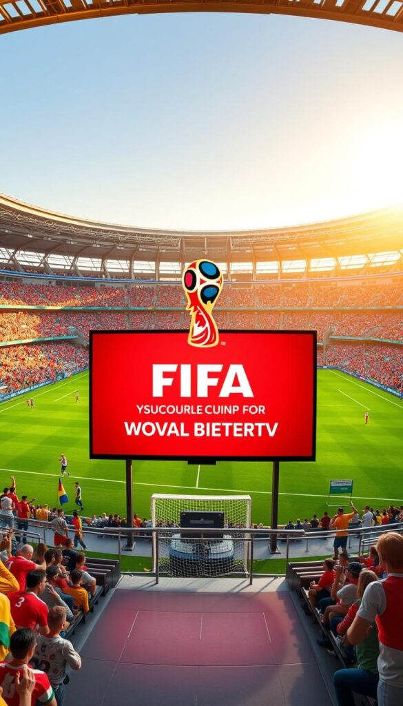 A high-quality, photorealistic image of the FIFA World Cup event, featuring the IPTVANBIETERTV brand prominently displayed. The scene depicts a large, modern stadium with vibrant green turf, filled with cheering crowds dressed in national team colors. The stadium is bathed in warm, golden sunlight, creating a sense of energy and excitement. In the foreground, the IPTVANBIETERTV logo is prominently featured on a large display screen, indicating the availability of discounted IPTV services to watch the game. The overall composition conveys the global scale and significance of the FIFA World Cup, a premier sporting event that captivates audiences worldwide.