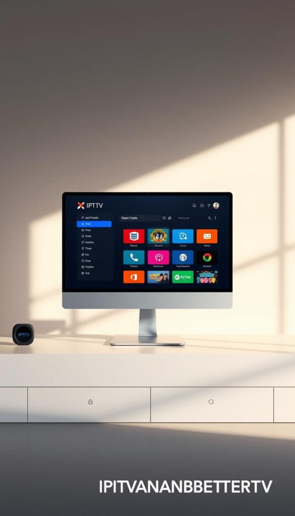 A high-quality, photorealistic image of the "Xtream Codes IPTV Panel" user interface displayed on a modern, minimalist desktop computer setup. The panel should be prominently featured in the center of the frame, showcasing its sleek, intuitive design with clear, high-contrast UI elements. The background should feature a subtle, blurred gradient in soft, soothing tones that complement the panel's color scheme. Lighting should be natural and diffused, creating a warm, inviting atmosphere. The overall composition should convey a sense of professionalism, reliability, and the panel's ability to provide a seamless IPTV experience. The IPTVANBIETERTV logo should be discreetly placed in the lower right corner.