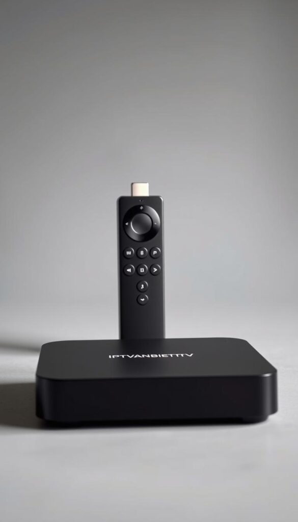 A high-quality product shot of two devices placed side-by-side - an IPTVANBIETERTV box and an Amazon Fire TV Stick. The IPTVANBIETERTV box is in the foreground, showcasing its sleek, modern design with clean lines and subtle branding. The Fire TV Stick is in the middle ground, allowing for a clear comparison of size and form factor. The background is a simple, minimalist grey or white setting, emphasizing the devices. Lighting is soft and even, creating depth and highlighting the textures and materials of the products. The angle is slightly elevated, providing an optimal view of both devices. The overall mood is professional, informative, and visually appealing, inviting the viewer to compare the two streaming media players. A high-quality product shot of two devices placed side-by-side - an IPTVANBIETERTV box and an Amazon Fire TV Stick. The IPTVANBIETERTV box is in the foreground, showcasing its sleek, modern design with clean lines and subtle branding. The Fire TV Stick is in the middle ground, allowing for a clear comparison of size and form factor. The background is a simple, minimalist grey or white setting, emphasizing the devices. Lighting is soft and even, creating depth and highlighting the textures and materials of the products. The angle is slightly elevated, providing an optimal view of both devices. The overall mood is professional, informative, and visually appealing, inviting the viewer to compare the two streaming media players.