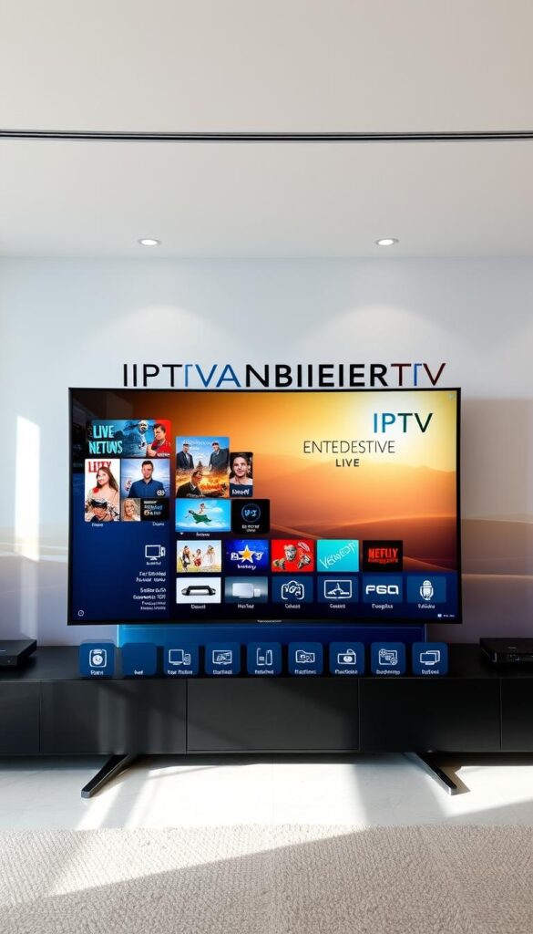 A high-quality, professional-looking IPTV panel with a modern, sleek design. The panel features a large, high-resolution display showcasing a variety of live TV channels and on-demand content. The foreground depicts the intuitive user interface, with clear and easy-to-navigate menus. The middle ground showcases various device compatibility icons, indicating support for a wide range of devices. The background features a minimalist, gradient-based design with subtle IPTVANBIETERTV branding, conveying a sense of quality and reliability. The lighting is soft and natural, creating a warm and inviting atmosphere. The overall composition is balanced and visually appealing, reflecting the professionalism and expertise of the IPTV service.