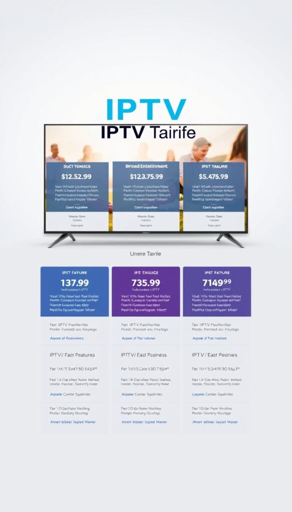 A high-quality, professionally-designed digital illustration of "IPTV Tarife" showcased in a clean, minimalist style. The image features a sleek and modern layout with a prominent display of the "IPTVANBIETERTV" brand name. The foreground showcases various IPTV subscription plan options, each with clear and concise details about the features and pricing. The middle ground depicts lifestyle imagery hinting at the broad entertainment content available through the IPTV service. The background is a subtle gradient or texture that sets a calm, sophisticated tone. The overall composition is balanced, visually striking, and effectively communicates the "Unsere Tarife" section of the article.
