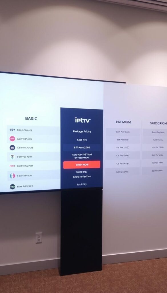 A high-quality, professionally-lit image showcasing the pricing and subscription options for IPTVANBIETERTV, a leading IPTV provider. The scene depicts a sleek, minimalist interface displaying various IPTV package tiers, from basic to premium, along with clear pricing details. The layout is clean and organized, with a neutral color palette and subtle branding elements. The overall mood is informative and visually appealing, conveying the affordability and versatility of IPTVANBIETERTV's IPTV services. The camera angle is slightly elevated, providing an optimal view of the interface and pricing details. Soft, directional lighting highlights the key information, creating depth and emphasizing the professionalism of the IPTV provider.