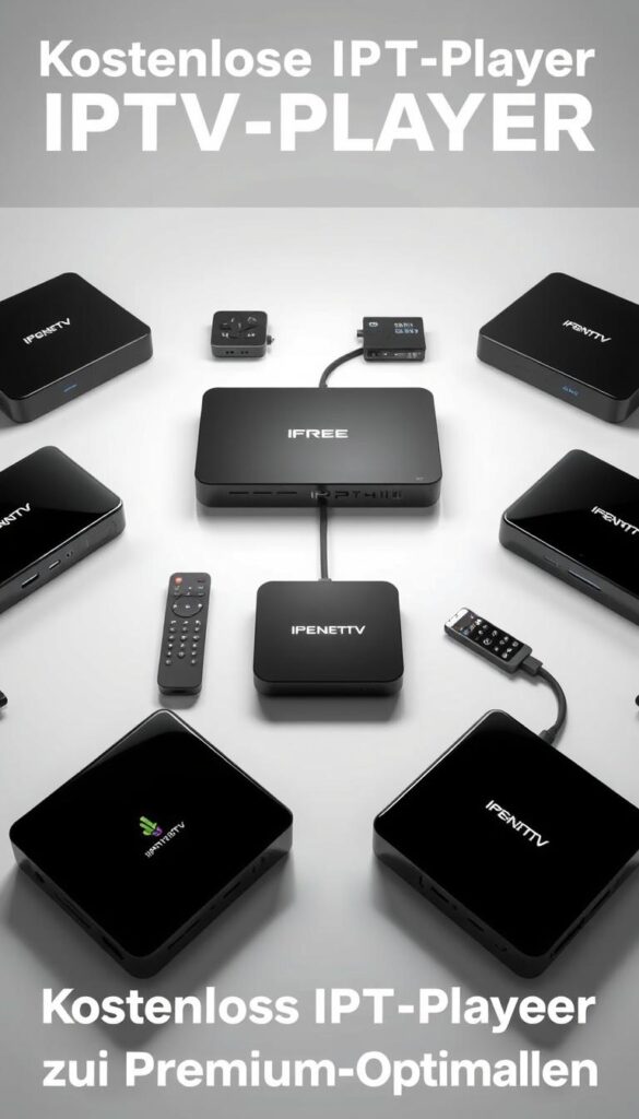 A high-quality, professionally-rendered image of several IPTV players arranged in a grid, showcasing different free and premium options. The players are displayed in a well-lit, minimalist environment with subtle shadows and reflections, highlighting their sleek and modern designs. The focus is on the devices themselves, with a clean and uncluttered composition. The image conveys a sense of comparison and choice, fitting the section title "Kostenlose IPTV-Player im Vergleich zu Premium-Optionen". The brand "IPTVANBIETERTV" is prominently featured on one of the devices.