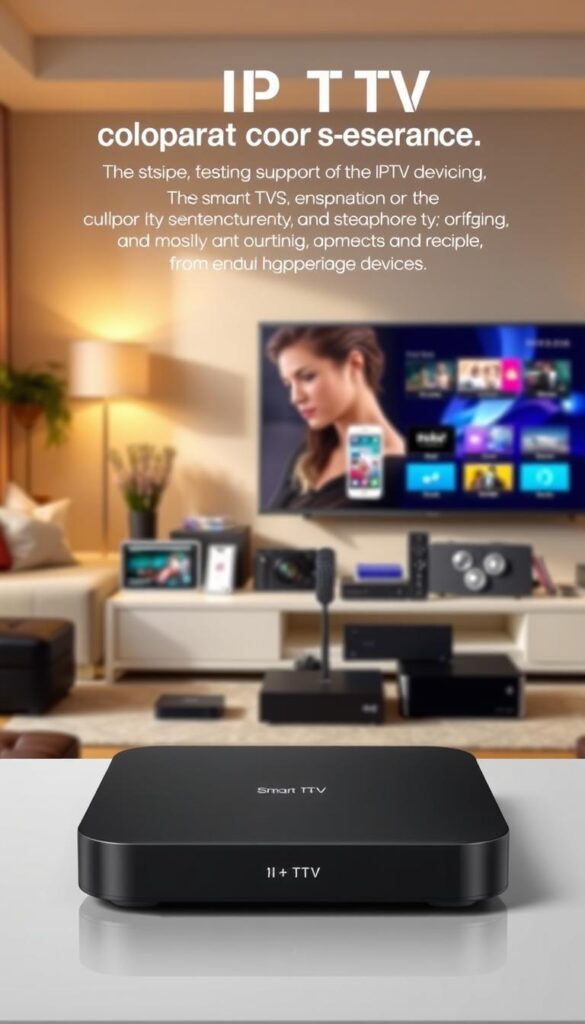 A high-quality, realistic image of a modern IPTV device with comprehensive support for multiple devices. The device should be shown in the foreground, prominently displayed with a sleek, minimalist design and clean lines. The middle ground should feature a variety of compatible devices such as smart TVs, smartphones, tablets, and streaming boxes, all seamlessly connected to the IPTV device. The background should depict a stylish, modern living room or home entertainment setup, conveying a sense of sophistication and technological integration. Lighting should be warm and natural, creating a cozy, inviting atmosphere. The image should evoke a sense of the reliable, user-friendly IPTV experience offered by IPTVANBIETERTV.
