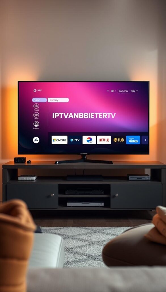 A high-quality, realistic image of a modern, reliable IPTV service in Germany. The scene depicts the IPTVANBIETERTV brand, showcasing its sleek user interface on a large widescreen TV. The image has a warm, inviting color palette, with soft natural lighting illuminating the TV screen and surrounding home entertainment setup. The attention to detail includes subtle branding elements, a minimalist remote control, and a cozy living room atmosphere, conveying the reliable and user-friendly nature of the IPTV service. The overall composition and mood suggest a premium, trusted IPTV solution tailored for the German market.