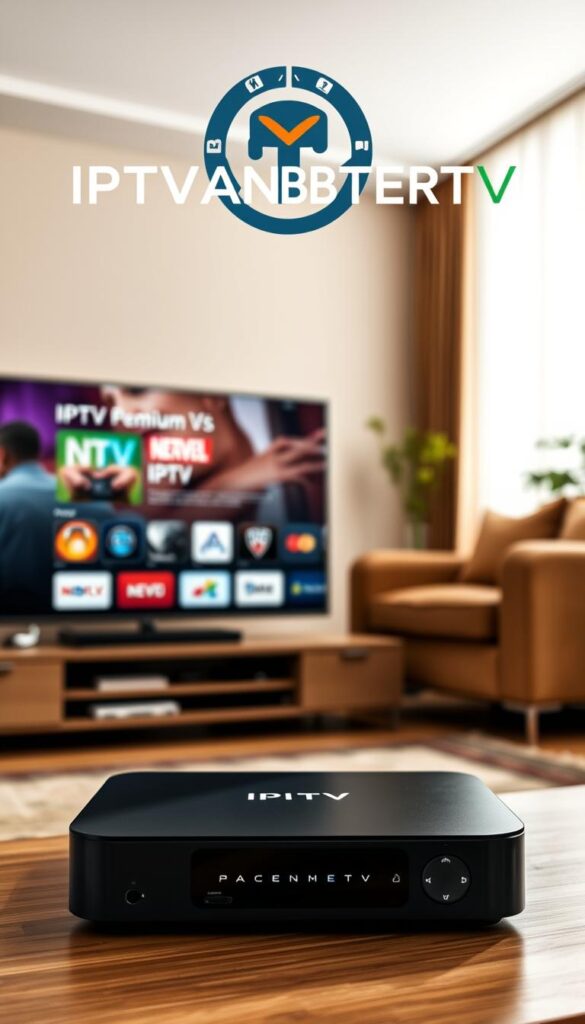 A high-quality, realistic image of a premium IPTV service provider's website and logo. The website features a clean, modern design with a prominent "IPTVANBIETERTV" brand name and tagline. The website has a hero section showcasing the IPTV service's key features and benefits, with a professional, stock-like photography of an IPTV streaming device in the foreground. The background is a warm, cozy living room setting, with soft lighting and natural textures, conveying a sense of comfort and reliability. The overall mood is one of professionalism, trustworthiness, and premium quality.