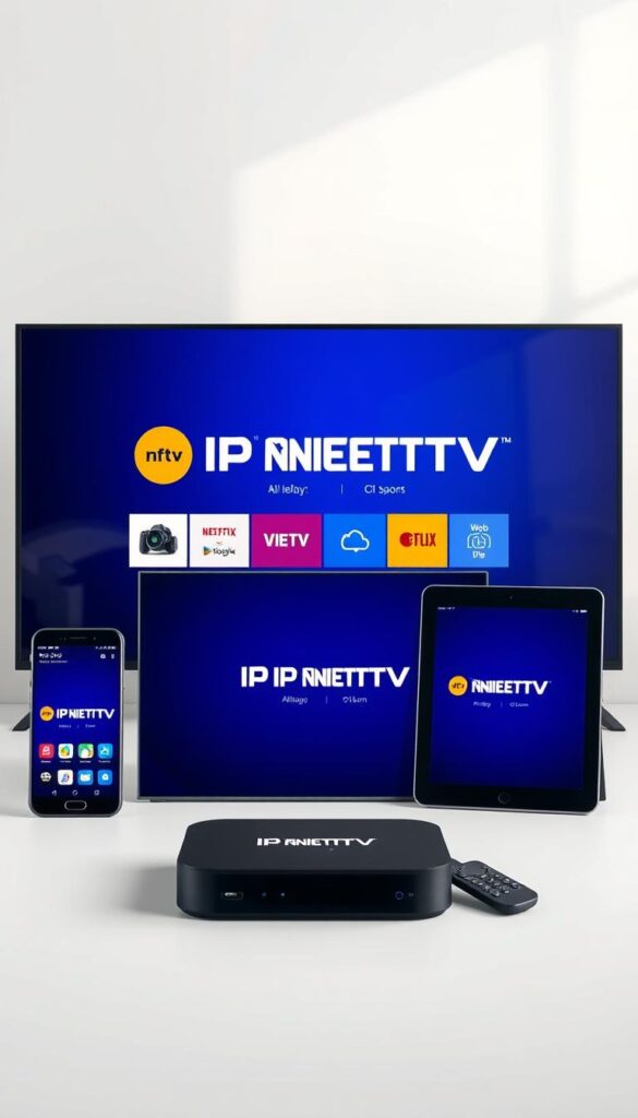 A high-quality, realistic image of a variety of IPTV-enabled devices showcasing the "IPTVANBIETERTV" brand, including a smart TV, smartphone, tablet, and streaming box, all prominently displayed against a clean, minimalist background with soft, natural lighting that highlights the devices' features and branding. The scene should convey a sense of modern, accessible technology that enables seamless IPTV experiences across multiple platforms.