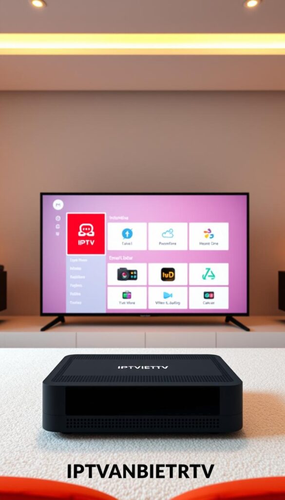 A high-quality, realistic image of the "IPTV Streaming Plattform WM2026" for the "IPTVANBIETERTV" brand. The platform is presented in a sleek, modern design with a clean user interface. The image showcases the main menu and navigation options, highlighting the intuitive layout and ease of use. The scene is lit by soft, diffused lighting that creates a warm, inviting atmosphere. The camera angle provides a slightly elevated perspective, giving a comprehensive view of the platform's features. The background is blurred, keeping the focus on the IPTV platform's user experience.