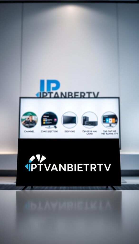 A high-quality, realistic image of the IPTVANBIETERTV brand logo and product offering, set against a modern, sleek background. The logo should be prominently displayed in the foreground, with clean and crisp lines, and a sophisticated color palette of blues, grays, and whites. In the middle ground, showcase various IPTV service features such as channel selections, device compatibility, and user interface in a visually appealing manner. The background should convey a sense of professionalism and reliability, with subtle gradients or minimal patterns to complement the overall design. Utilize natural lighting and a slightly low camera angle to create a premium, authoritative feel. The final image should reflect the quality, innovation, and customer-centric approach of the IPTVANBIETERTV brand.