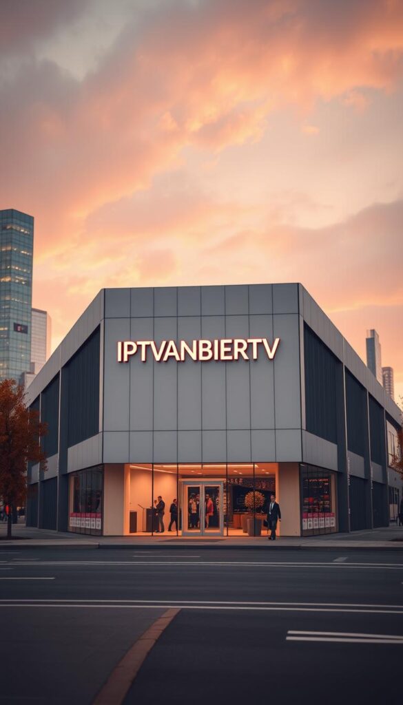 A high-quality, realistic image of the leading IPTVANBIETERTV brand in Germany. The image depicts a sleek, modern-looking building with a minimalist design and clean lines. The front facade features the IPTVANBIETERTV logo prominently displayed, with the name rendered in a bold, distinctive font. The building is set against a backdrop of a vibrant, bustling cityscape, hinting at the brand's dominant market position. Warm, natural lighting illuminates the scene, creating a welcoming and professional atmosphere. The composition emphasizes the brand's prominence and authority within the IPTV industry in Germany.