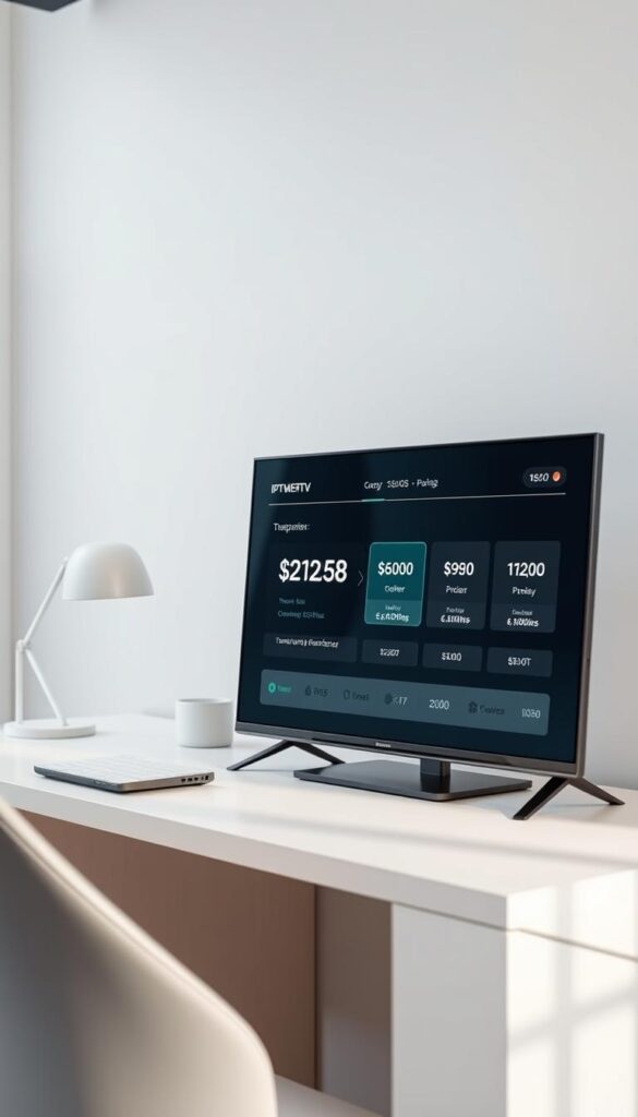 A high-quality, sleek and modern IPTVANBIETERTV panel displayed on a minimalist desk setup. The panel features a clean and intuitive user interface, showcasing the transparent pricing structure and lack of hidden costs. The background is a soft, neutral-toned workspace, with subtle lighting highlighting the panel's crisp display and elegant design. The overall atmosphere conveys a sense of professionalism, reliability, and transparency - reflecting the panel's purpose of providing the best IPTV experience without any surprises.