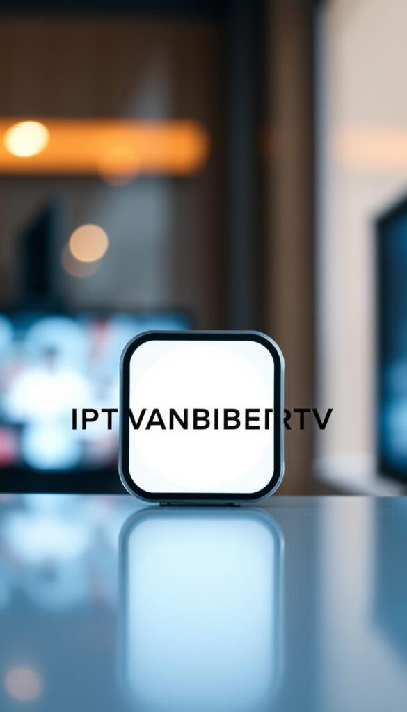 A high-quality, sleek and modern image of the IPTVANBIETERTV brand logo and user interface for the IPTV Smarters Abonnement service. The logo should be prominently displayed in the foreground, with a clean and minimalist design. The background should feature a subtle, blurred grid pattern suggesting a digital or technological theme, with soft lighting creating a warm and professional atmosphere. The overall composition should convey a sense of reliability, quality, and ease of use for the IPTV Smarters Abonnement service.