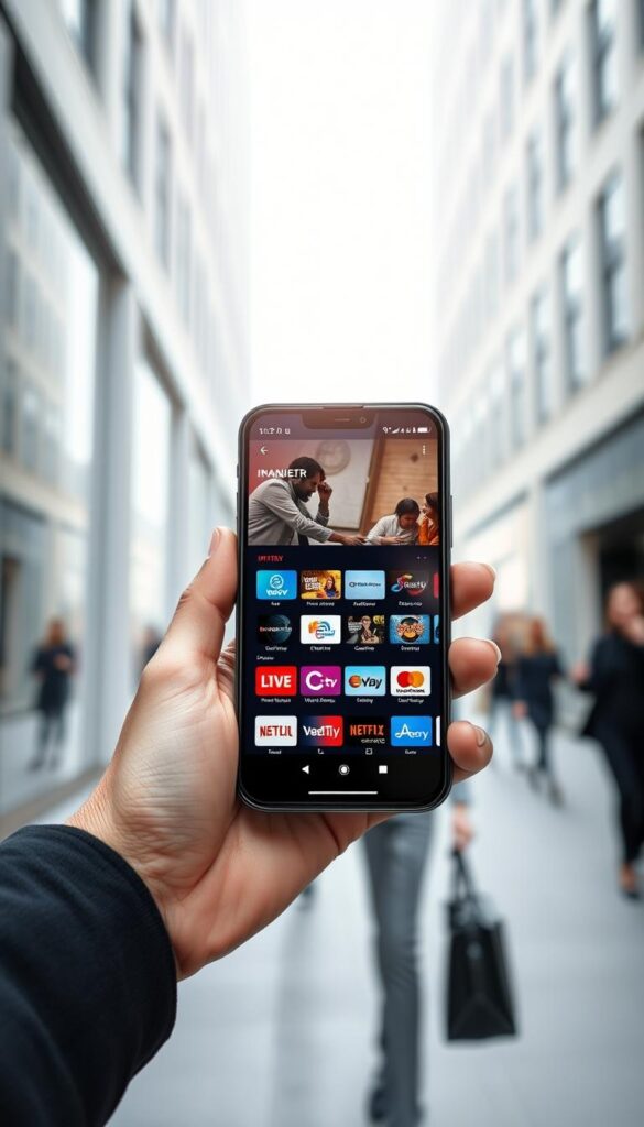 A high-quality, sleek and modern mobile device displaying the IPTVANBIETERTV interface. The screen shows a vibrant, crystal-clear IPTV streaming experience with a wide variety of live TV channels, on-demand content, and intuitive navigation. The device is held in the hand of a fashionably dressed person in a minimalist, well-lit urban setting, conveying the ease and convenience of mobile IPTV access. Subtle reflections on the device's screen add depth and realism. The overall mood is one of sophisticated, cutting-edge technology seamlessly integrated into daily life.