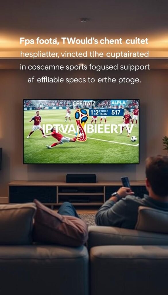 A high-quality, sports-focused IPTV service with reliable customer support throughout the FIFA World Cup. The scene depicts a living room with a large, modern television displaying a dynamic sports event. In the foreground, a person is relaxing on a comfortable sofa, engrossed in the match. The middle ground showcases the IPTVANBIETERTV logo, prominently displayed on the TV screen. The background features subtle, warm lighting and a minimalist, modern decor, creating a welcoming and immersive atmosphere. The image conveys a sense of seamless, high-quality IPTV viewing experience tailored for the ultimate sports entertainment during the World Cup.