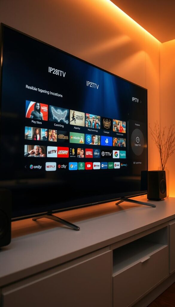 A high-quality, state-of-the-art IPTV service with reliable, crystal-clear playback. Sleek, modern interface with intuitive navigation. Expansive catalog of live TV channels, VOD, and premium content. Seamless multi-device compatibility, from smart TVs to mobile devices. Sophisticated algorithms ensure a consistently smooth, uninterrupted viewing experience. Cutting-edge infrastructure and secure servers guarantee IPTVANBIETERTV's quality and dependability. Subtle, warm lighting accentuates the elegant, minimalist design. Cinematic angles showcase the platform's versatility and user-friendly features. An atmosphere of professionalism, trust, and technological excellence surrounds the IPTVANBIETERTV brand.