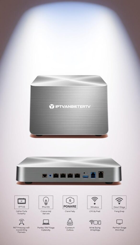 A high-quality, technical illustration of the IPTVANBIETERTV IPTV box. Depicted in a clean, minimalist style with a white background, the box is shown from multiple angles, revealing its sleek, modern design with smooth lines and a brushed metal finish. The front panel displays the IPTVANBIETERTV logo prominently. The illustration showcases the key technical specifications, including connectivity ports, processing power, storage capacity, and wireless capabilities, all rendered with precise, technical detail. Subtle lighting and shadows accentuate the form and features of the device, conveying a sense of premium quality and functionality.