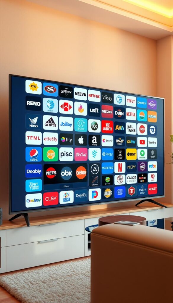 A high-quality, ultra-detailed 3D render of the IPTVANBIETERTV channel offering. The image depicts a sleek, modern TV interface with a grid-like layout showcasing a wide variety of channel logos, ranging from sports and news to movies and entertainment. The scene is lit by warm, natural lighting, creating a inviting and visually appealing atmosphere. The camera angle is slightly elevated, providing a comprehensive view of the extensive channel selection. The overall composition emphasizes the breadth and depth of the IPTVANBIETERTV channel lineup, conveying a sense of value and comprehensive entertainment options.