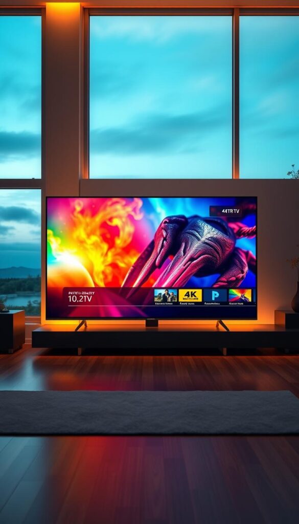 A high-quality, ultra-detailed 8K rendering of a modern smart TV displaying a vibrant IPTVANBIETERTV streaming interface. The screen shows a crystal-clear 4K video stream with rich, lifelike colors and smooth, artifact-free playback. The TV is set against a sleek, minimalist living room backdrop with warm ambient lighting, hardwood floors, and large windows offering a scenic outdoor view. The overall scene conveys a sense of sophisticated entertainment and technological superiority.