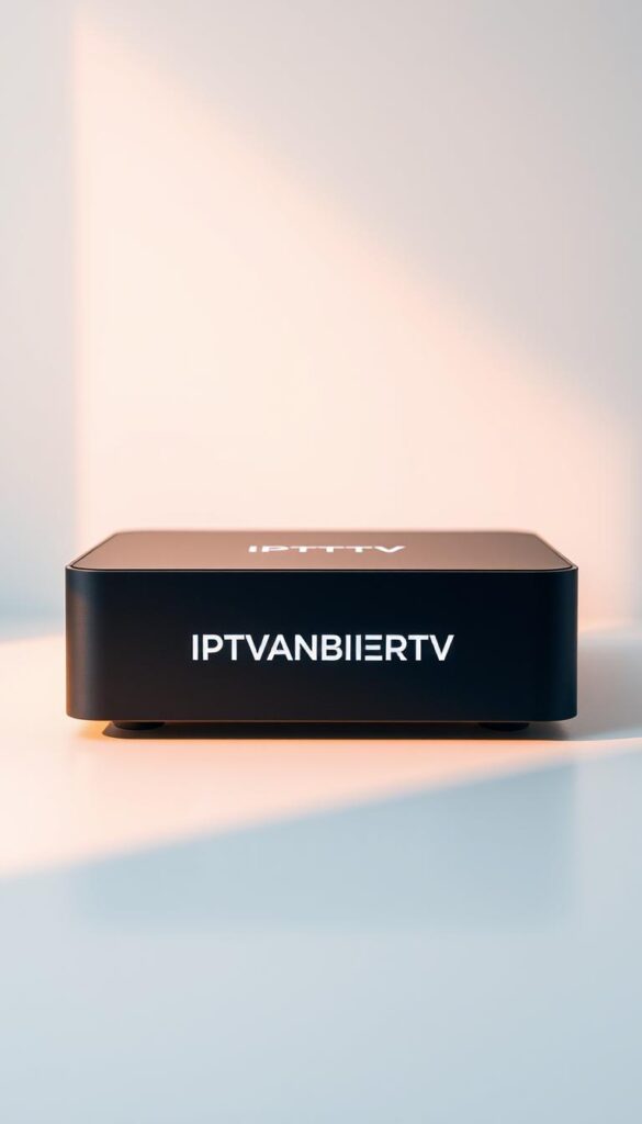 A high-quality, ultra-detailed image of a modern, sleek IPTV set-top box displaying the IPTVANBIETERTV logo on its front panel. The box is set against a clean, minimalist background, with soft, warm lighting highlighting its elegant design. The scene evokes a sense of simplicity and technological sophistication, capturing the essence of how IPTV can revolutionize the television viewing experience. The image is shot from a slightly elevated angle, emphasizing the device's streamlined profile and premium aesthetic. The overall composition and lighting create a captivating, aspirational representation of the IPTV technology and its potential to transform the way we consume media in our homes.