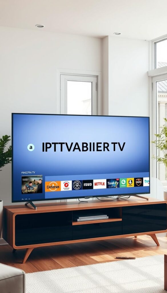 A high-quality, ultra-detailed image of a modern smart TV displaying the IPTVANBIETERTV brand logo on the screen. The TV is placed on a minimalist wooden TV stand in a bright, airy living room with large windows letting in natural light. The room has a warm, cozy atmosphere with soft neutral tones and modern Scandinavian-inspired decor. The TV's display shows a sleek, intuitive interface showcasing the IPTV service's vast selection of live TV channels and on-demand content. The image conveys the convenience, accessibility, and entertainment value of IPTV technology for the modern household.
