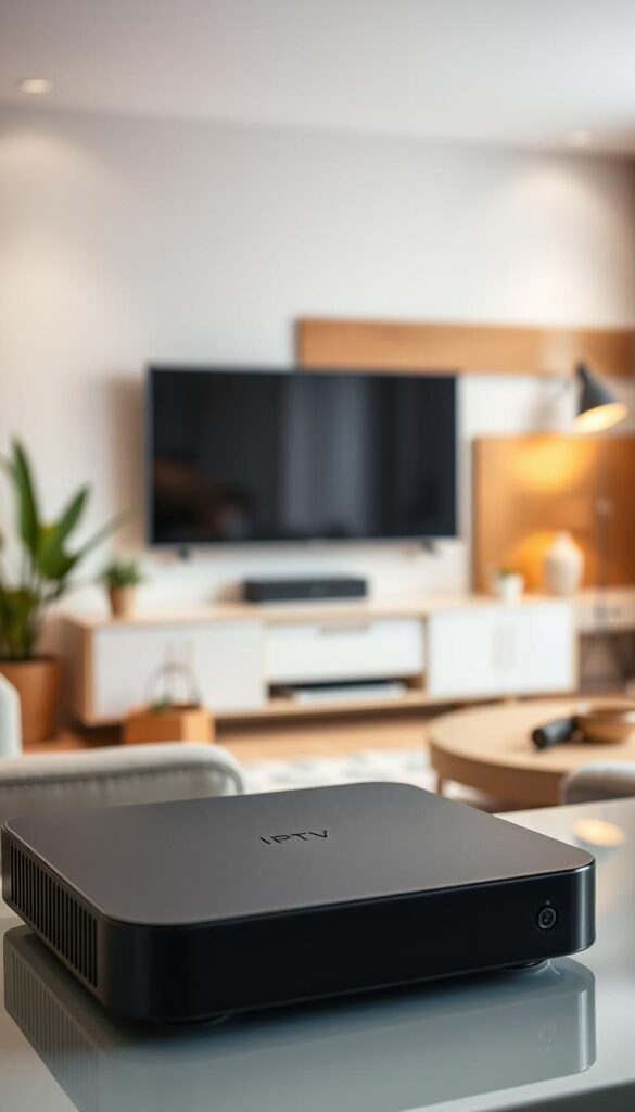 A high-quality, ultra-realistic 4K image of an IPTV streaming setup on a modern home entertainment system. The focus is on the sleek, minimalist IPTVANBIETERTV set-top box against a warm, inviting living room backdrop. Soft, indirect lighting casts a cozy glow, highlighting the glossy black finish and clean lines of the device. The image conveys a sense of seamless connectivity and easy access to a vast library of digital content. The composition features the set-top box prominently in the foreground, with a large flatscreen TV and comfortable seating visible in the middle ground. The background blends natural elements like potted plants and wooden accents to create a modern, living space aesthetic. The overall scene embodies the convenience and entertainment value of IPTV streaming for the modern household.