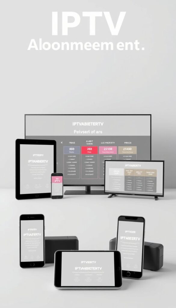 A high-quality, ultra-realistic image of "IPTV Abonnement-Modelle". A sleek, minimalist design showcasing various IPTV subscription packages, including different pricing tiers and feature sets. In the foreground, digital devices like smartphones, tablets, and smart TVs display the IPTVANBIETERTV brand prominently. The middle ground features a clean, streamlined interface with intuitive navigation and a clear pricing structure. The background is a soft, neutral gradient, drawing focus to the key subscription details. The overall scene conveys a sense of modern, accessible IPTV technology catering to a wide range of user needs and budgets.