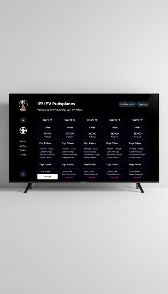 A high-quality, ultra-realistic image of the IPTV-Preispläne for the FIFA World Cup. The scene depicts a sleek, minimalist interface showcasing various IPTVANBIETERTV subscription packages in a modern, monochrome color palette. The layout is clean and organized, with clearly delineated pricing tiers and plan details. Subtle lighting creates a sense of depth and dimension, while a subtle gradient background adds visual interest. The overall mood is professional, informative, and visually appealing, perfectly suited to illustrate the "Umfassende Preisgestaltung von IPTVanbieterTV" section of the article.