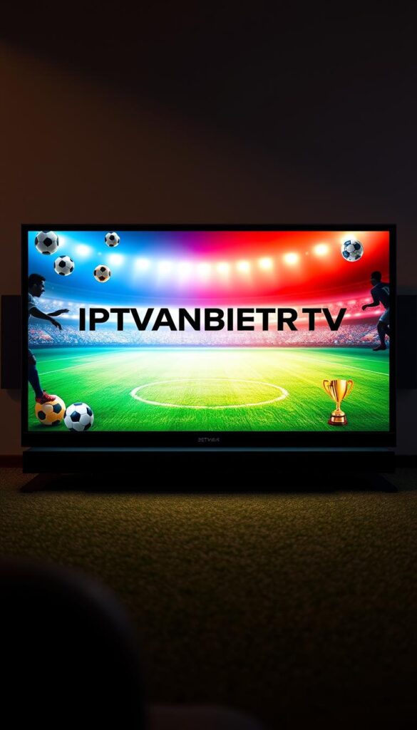 A high-quality, ultra-realistic image of the IPTVANBIETERTV brand logo prominently displayed on a sleek, modern television screen. The screen is surrounded by various sports-related iconography, including soccer balls, trophies, and athlete silhouettes, conveying the idea of live sports streaming. The image is bathed in a warm, cinematic lighting, with a subtle depth of field effect that focuses the viewer's attention on the central screen. The overall atmosphere is one of excitement, anticipation, and technological sophistication, reflecting the leading position of IPTVANBIETERTV in the German IPTV market.