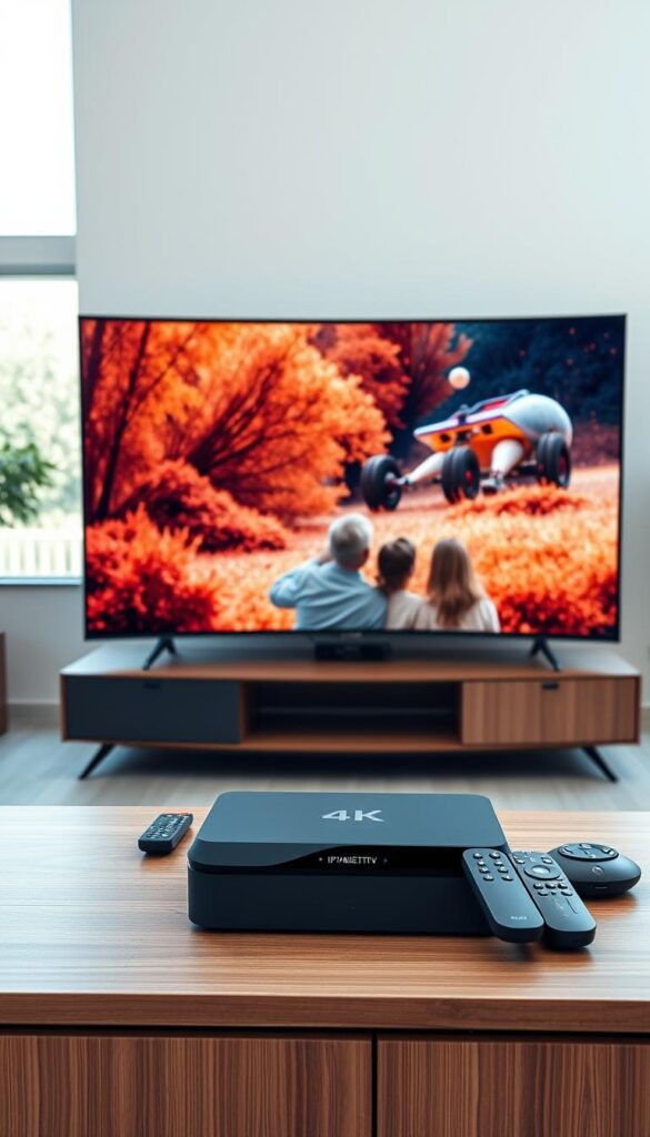 A high-quality, ultra-realistic image showcasing the benefits of an IPTV subscription. Set in a modern, minimalist living room, the scene features a large, curved 4K television screen displaying a vibrant, crystal-clear image. In the foreground, a sleek, black IPTVANBIETERTV set-top box sits on a chic, wooden media console, surrounded by a selection of premium remote controls. The middle ground depicts a comfortable, neutral-toned sofa where a family of three relaxes, their eyes transfixed on the captivating screen. The background incorporates large windows allowing natural light to flood the space, creating a bright, airy atmosphere. The overall mood is one of comfort, convenience, and entertainment, highlighting the advantages of a flexible, cost-effective IPTV subscription.