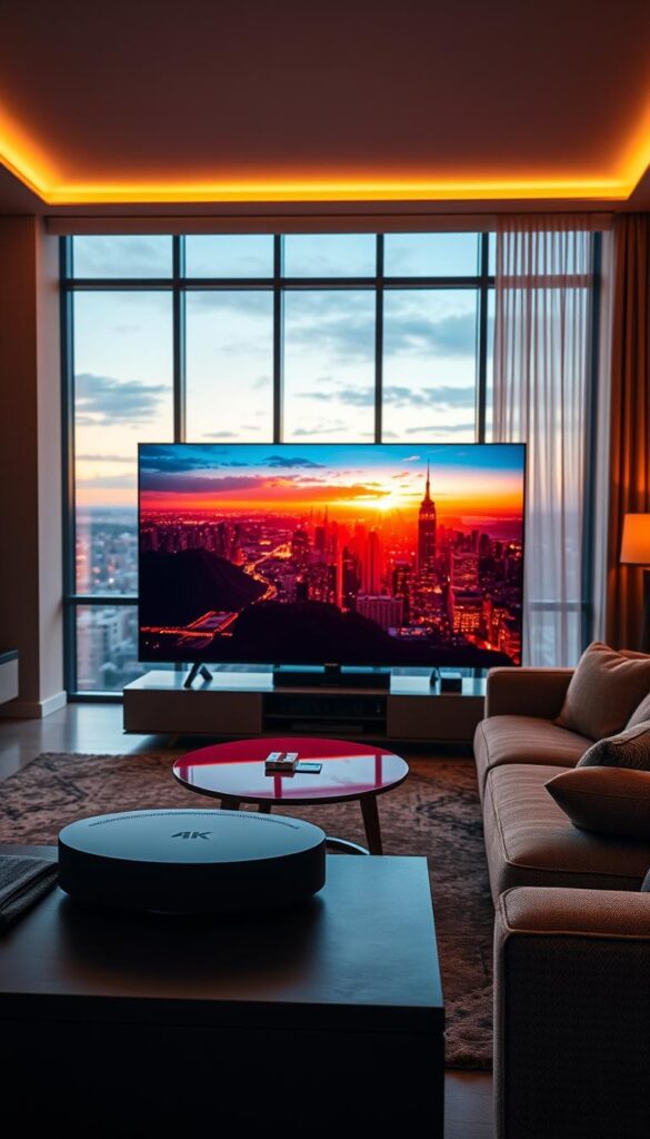 A high-quality, vibrant, and visually stunning image showcasing the streaming performance of IPTVANBIETERTV. Set in a sleek and modern living room, the scene features a large 4K OLED television displaying a captivating movie scene with rich colors, deep blacks, and exceptional detail. The room is bathed in warm, cinematic lighting, creating a cozy and immersive atmosphere. In the foreground, a sophisticated entertainment system with a state-of-the-art streaming device and premium audio setup highlights the advanced technology powering IPTVANBIETERTV's premium service. The middle ground showcases a comfortable sofa and coffee table, inviting the viewer to sit back and enjoy the high-quality viewing experience. The background features large windows overlooking a picturesque cityscape, further emphasizing the luxurious and contemporary setting. The overall impression conveys the exceptional streaming quality, performance, and user experience delivered by IPTVANBIETERTV.