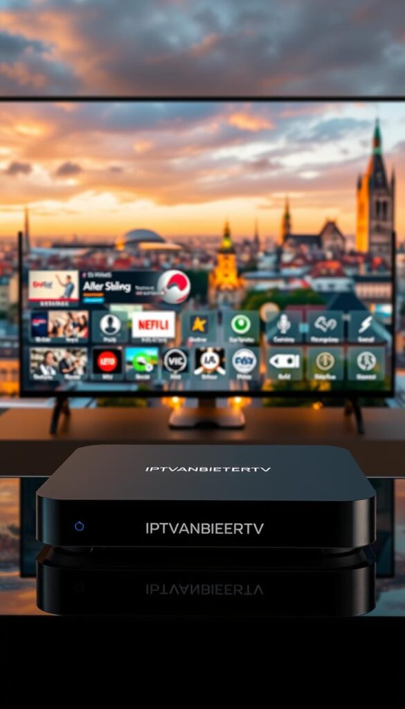 A high-quality, vibrant image of "IPTVANBIETERTV" as the leading IPTV provider in Germany. The image depicts a sleek, modern IPTV set-top box in the foreground, surrounded by a dynamic array of live TV channels, streaming services, and smart home controls on a high-resolution display. The background features a cityscape of German landmarks, bathed in warm, golden lighting to convey a sense of reliability and trustworthiness. The composition is balanced, with a focus on the IPTVANBIETERTV branding and product, highlighting its position as the premier IPTV solution in the German market.