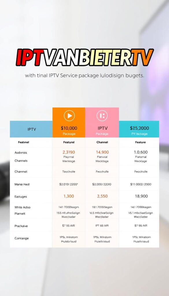 A high-quality visual comparison of IPTV service packages, showcasing a range of options for different budgets. The image should have a clean, modern design with a minimalist layout. Prominently display the IPTVANBIETERTV brand name in a stylized, eye-catching manner. In the foreground, present a grid of IPTV package offerings, each with clear pricing, channel counts, and feature details. Use a soft, muted color palette with pops of accent colors to draw the viewer's attention. The middle ground should feature elegant icons or infographic elements to visually illustrate the key package differences. The background should have a subtle, blurred pattern or texture to provide visual interest without distracting from the main content. Ensure the overall composition is balanced, visually appealing, and effectively communicates the range of IPTV options available.