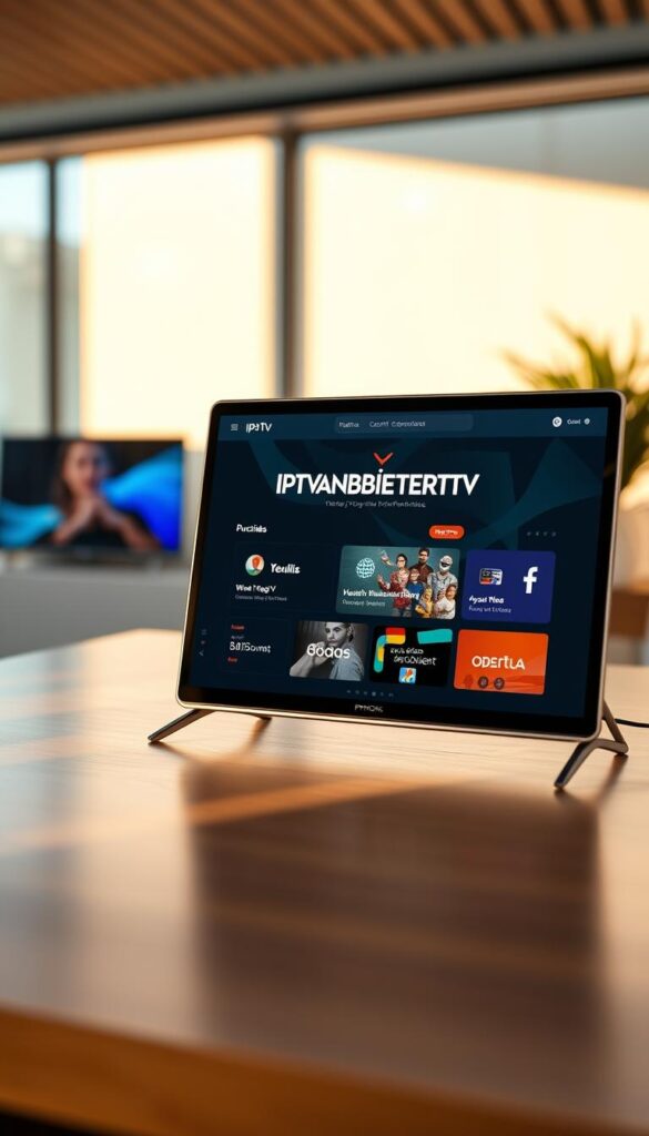 A high-quality, visually striking image of a modern, user-friendly IPTV account purchase interface. The interface is displayed on a sleek, minimalist device with a large, crisp display. The IPTVANBIETERTV brand logo is prominently featured, conveying a sense of trust and professionalism. The scene is bathed in warm, natural lighting, creating a welcoming and inviting atmosphere. The layout is clean and intuitive, with clear call-to-action buttons and easy-to-navigate menus. The overall impression is one of simplicity, accessibility, and a seamless user experience, reflecting the ease of purchasing an IPTV account.