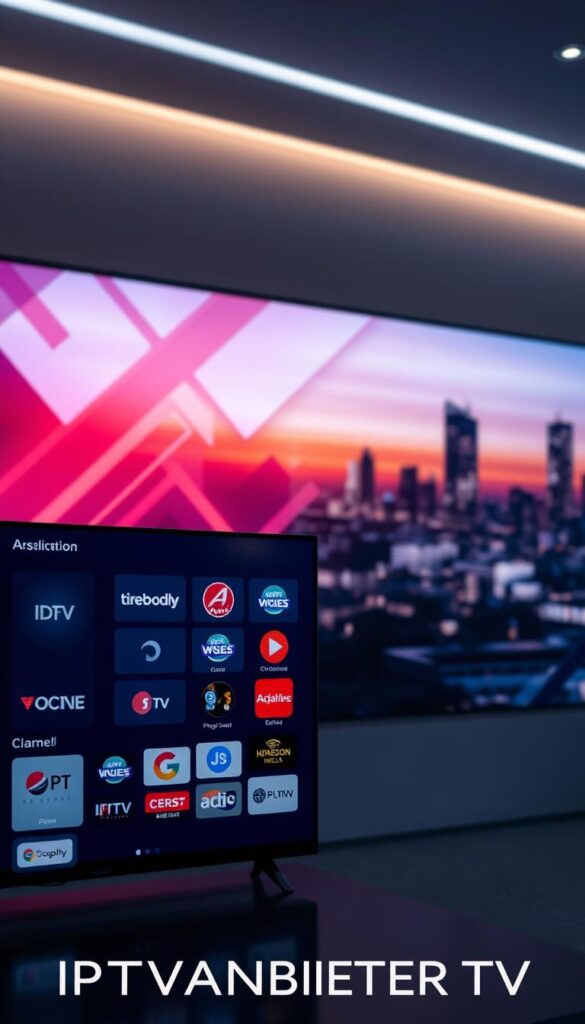 A high-quality, visually stunning image of an IPTV programming package presented by IPTVANBIETERTV. The foreground showcases a sleek, modern user interface with a clean grid layout displaying various channel logos and icons. The middle ground features a dynamic background with abstract geometric patterns, vibrant colors, and subtle lighting effects that create a sense of depth and sophistication. The background layer offers a sophisticated, minimalist design with a soft, blurred out cityscape or landscape, hinting at the wide range of content available through the IPTVANBIETERTV service. The overall composition conveys a premium, tech-savvy, and visually appealing presentation of the extensive IPTV programming package. A high-quality, visually stunning image of an IPTV programming package presented by IPTVANBIETERTV. The foreground showcases a sleek, modern user interface with a clean grid layout displaying various channel logos and icons. The middle ground features a dynamic background with abstract geometric patterns, vibrant colors, and subtle lighting effects that create a sense of depth and sophistication. The background layer offers a sophisticated, minimalist design with a soft, blurred out cityscape or landscape, hinting at the wide range of content available through the IPTVANBIETERTV service. The overall composition conveys a premium, tech-savvy, and visually appealing presentation of the extensive IPTV programming package.