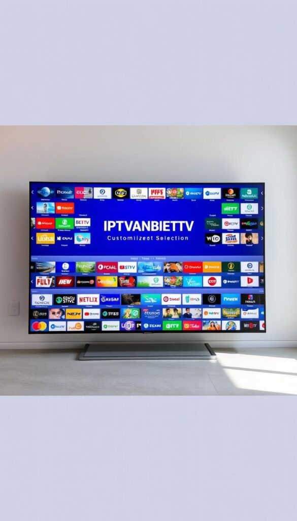 A high-quality, wide-angle image of an extensive, modern IPTV channel selection interface on a large flat-screen display. The interface showcases the IPTVANBIETERTV brand prominently in the center, with a clean, intuitive layout and a vast array of customizable channel options organized into logical categories. The display is set against a minimalist, neutral background, with soft, balanced lighting that creates a professional, streamlined atmosphere. The camera angle highlights the breadth and depth of the channel selection, conveying a sense of the comprehensive content available through the IPTVANBIETERTV service.
