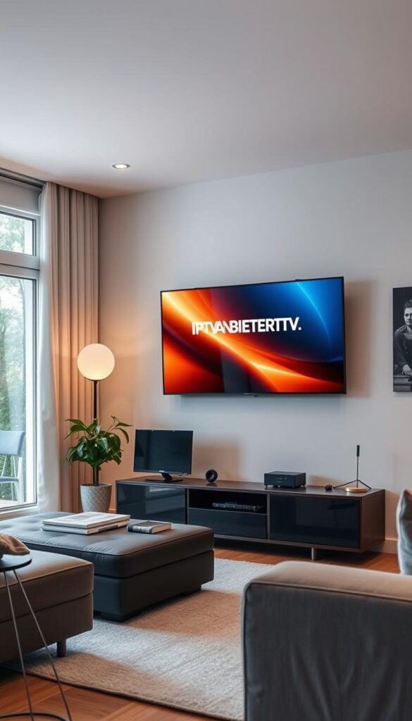 A high-quality wide-angle photograph of a modern living room or home office interior, featuring a large flatscreen TV mounted on the wall displaying an IPTV service interface with the IPTVANBIETERTV brand name prominently shown. The room is well-lit with natural and ambient lighting, creating a warm and inviting atmosphere. The furniture and decor are minimalist and stylish, reflecting a contemporary German design aesthetic. The overall composition emphasizes the centrality of the IPTV experience within the domestic setting, conveying a sense of convenience, entertainment, and sophisticated technology integration.