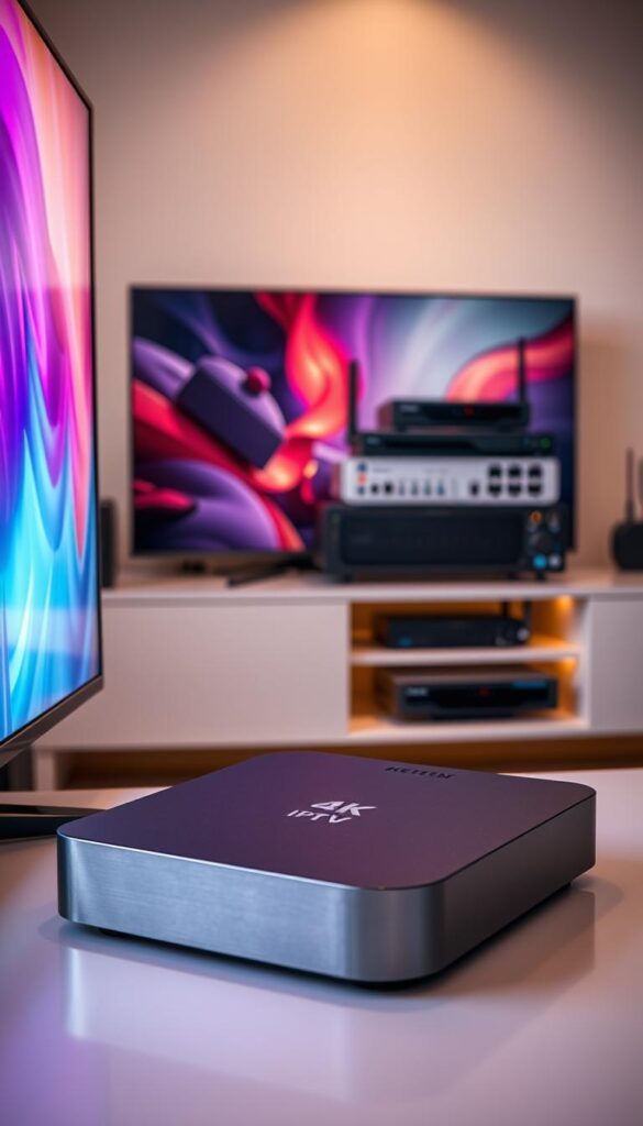 A high-quality, wide-angle photograph of a modern, sleek IPTV technology setup. In the foreground, a 4K HDTV displays a vivid, crystal-clear image with vibrant colors. In the middle ground, a state-of-the-art IPTVANBIETERTV media box rests on a minimalist entertainment console, its smooth, metallic exterior gleaming under warm, directional lighting. In the background, a series of networking devices, including a powerful router and network switch, are neatly arranged, conveying a sense of advanced, reliable connectivity. The overall scene radiates a sophisticated, high-tech ambiance, reflecting the cutting-edge nature of IPTV technology. A high-quality, wide-angle photograph of a modern, sleek IPTV technology setup. In the foreground, a 4K HDTV displays a vivid, crystal-clear image with vibrant colors. In the middle ground, a state-of-the-art IPTVANBIETERTV media box rests on a minimalist entertainment console, its smooth, metallic exterior gleaming under warm, directional lighting. In the background, a series of networking devices, including a powerful router and network switch, are neatly arranged, conveying a sense of advanced, reliable connectivity. The overall scene radiates a sophisticated, high-tech ambiance, reflecting the cutting-edge nature of IPTV technology.
